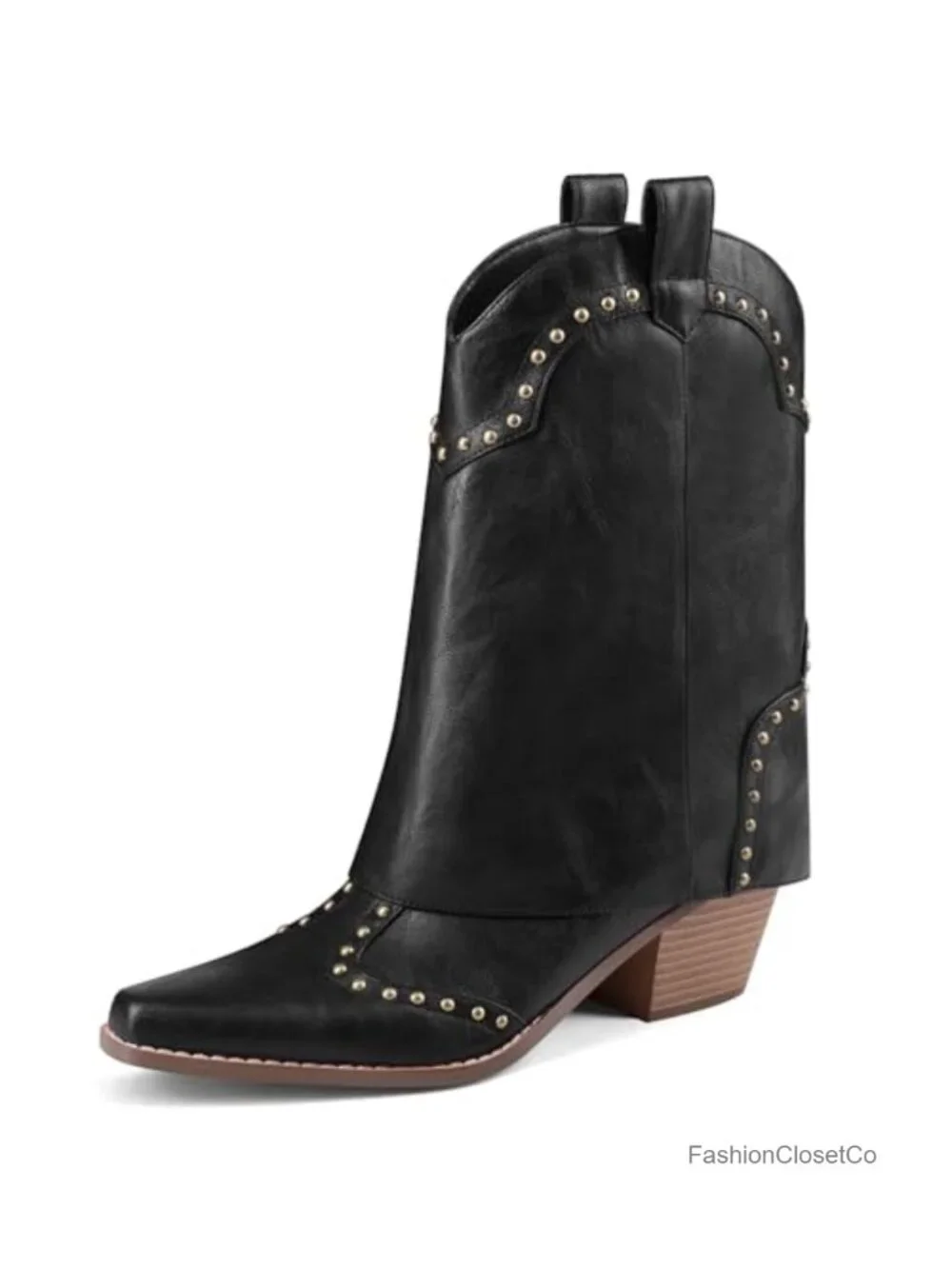 Women Studded Ankle Cowgirl Boots Chunky Block Heel Snip Toe Faux Leather Fold